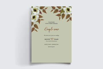 WEDDING INVITATION FRAME WITH FLOWER DECORATIONS AND FRESH LEAVES 