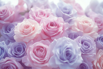 Obraz premium Soft pastel roses arrangement: blooming floral beauty in gentle pink and lavender hues