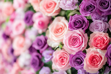 Vibrant floral wall with pink and purple roses