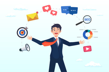 Marketing manager, online advertising, social media content or promotion campaign, customer or consumer target audience, branding communication concept, businessman holding viral marketing elements