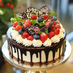 Gourmet chocolate drip cake with berries and cream on elegant stand