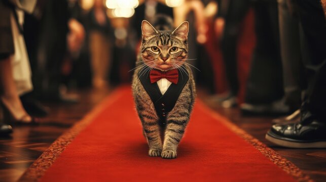Stylish cat dressed in a bow tie and vest, strutting down the red carpet with elegance, surrounded by admiring onlookers.