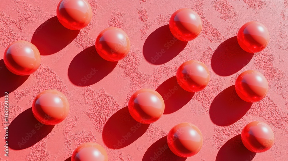 Poster vibrant red spheres placed against a rough red backdrop, creating a pattern with light and shadow fo