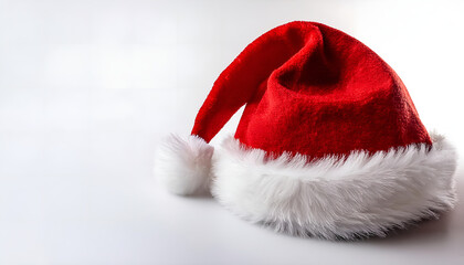 A vibrant red Santa hat with soft white fur trim lying on a clean white background, evoking festive...