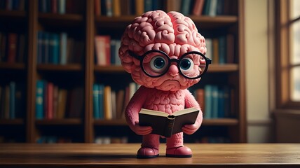 A playful cartoon character with a pink brain and glasses reads intently from a black book in a whimsical library, surrounded by bookshelves, evoking a fun and imaginative atmosphere.