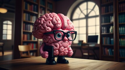 A playful cartoon character with a pink brain and glasses reads intently from a black book in a whimsical library, surrounded by bookshelves, evoking a fun and imaginative atmosphere.