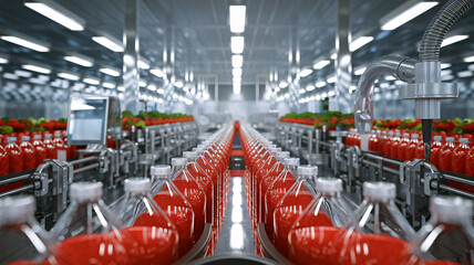 Strawberry juice bottles move along a conveyor belt in a factory