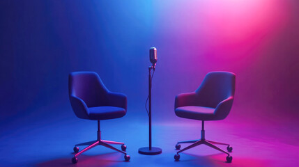 Retro microphone between two chairs on vibrant blue and pink gradient background