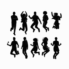 Obraz premium Silhouettes of young people jumping in fashionable clothes. Vector silhouettes man and women, illustration. JPEG version.
