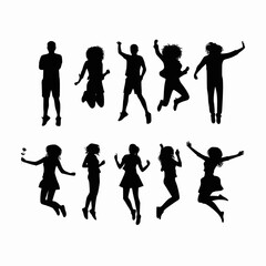 Silhouettes of young people jumping in fashionable clothes. Vector silhouettes man and women, illustration. JPEG version.