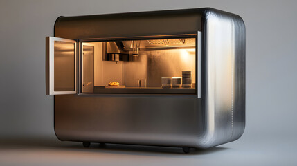 Obraz premium modern portable street food cart designed as sleek metal box, featuring open window showcasing well lit kitchen area. This innovative design is perfect for food vendors looking to attract customers