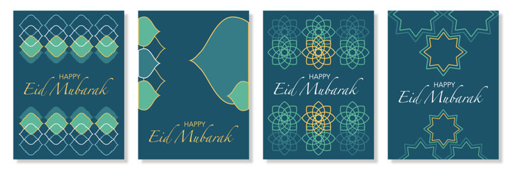 Creative set of Ramadan Kareem, Eid Mubarak, Eid al Adha, and Eid al Fitr illustration with islamic geometric pattern in minimal green background for banner, cover, greeting card, poster, social media