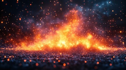 A vibrant explosion of fiery colors and particles against a dark background.