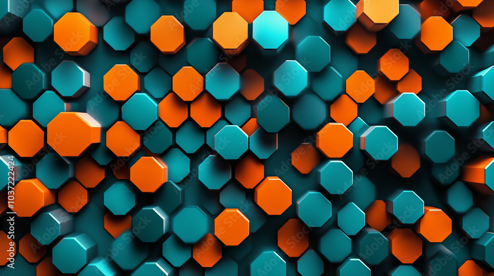 Poster 3d render style repeating pattern of vibrant teal and orange hexagons in bold contrasting colors wit