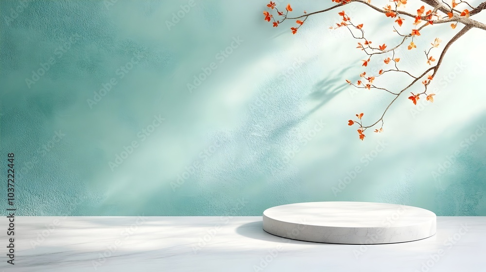 Poster elegant 3d studio room with clean minimalist design featuring a marble background empty floor and wa