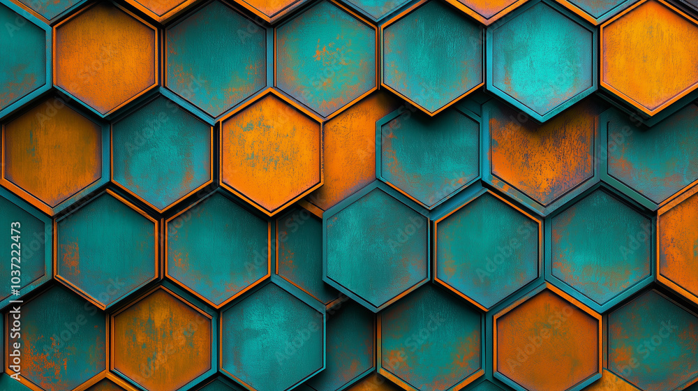 Poster abstract background repeating pattern of vibrant teal and orange hexagons in bold contrasting colors