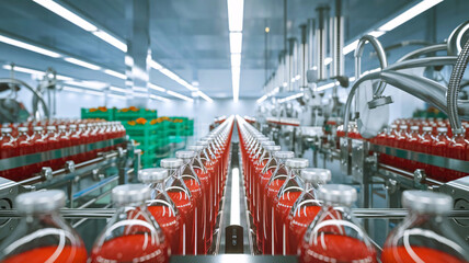 Strawberry juice bottles move along a conveyor belt in a factory