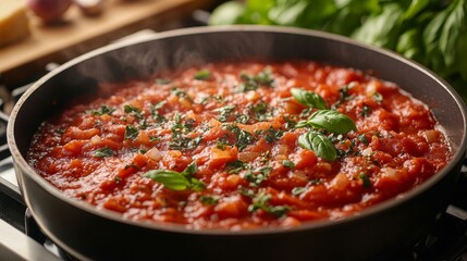 Cooking marinara sauce with herbs.