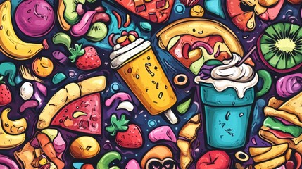 Obraz premium A vibrant fusion of playful doodles showcasing a variety of foods, including pizza, ice cream, fruits, and refreshing drinks. Generative AI
