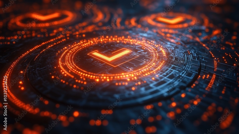 Poster abstract digital design with glowing orange elements and circuits.