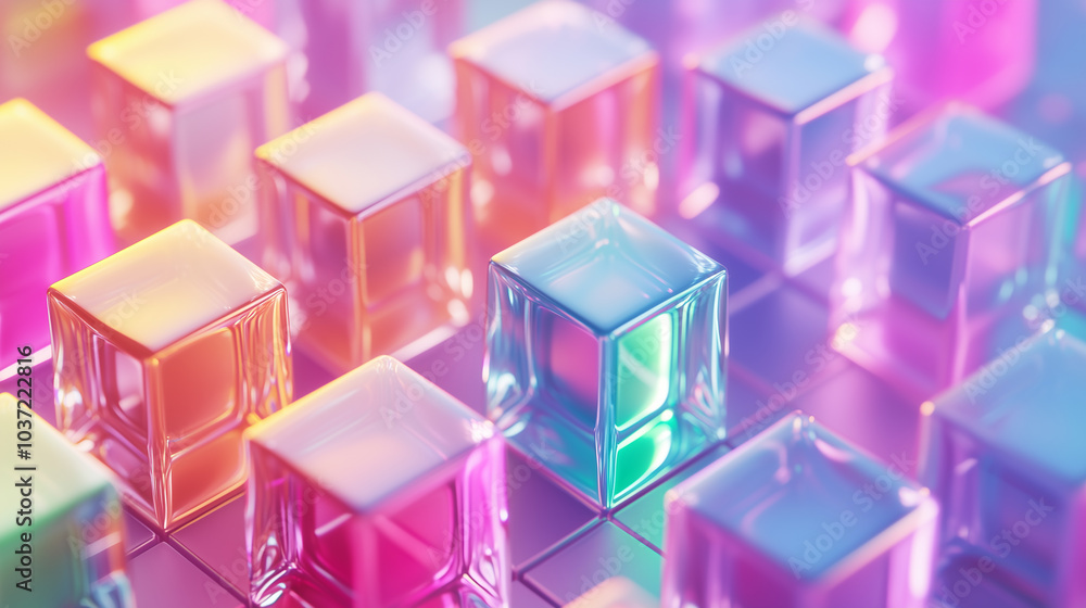 Poster modern abstract background 3d isometric grid of cubes with shadow rainbow spectrum effects and iride