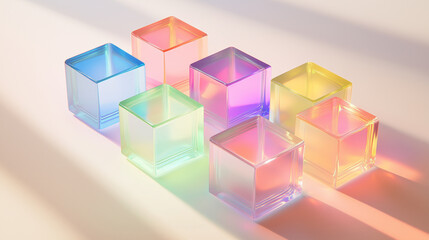 Obraz premium Modern Abstract background 3D isometric grid of cubes with shadow rainbow spectrum effects and iridescent glass textures