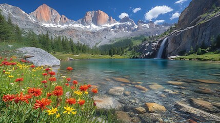 A pristine mountain lake with clear blue water, a waterfall cascading down the rock face, and a vibrant display of wildflowers in the foreground under a bright blue sky.