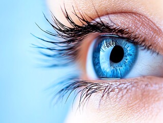 Close-up of a beautiful blue human eye, showcasing detailed iris and eyelashes.