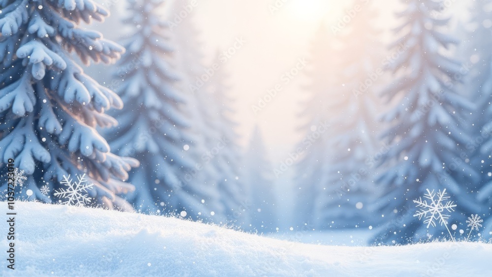Poster A snowy forest with three pine trees in the foreground