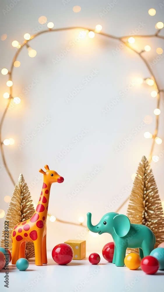 Poster a giraffe and an elephant are standing in front of a christmas tree