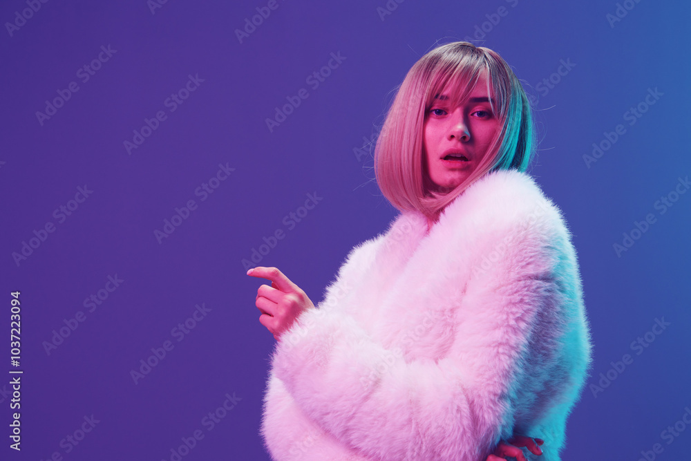 Wall mural Excited adorable blonde woman in fluffy fur coat sparkly dress cross hands open mouth posing isolated in blue violet pink color light studio background. Neon party Fashion concept. Copy space Banner