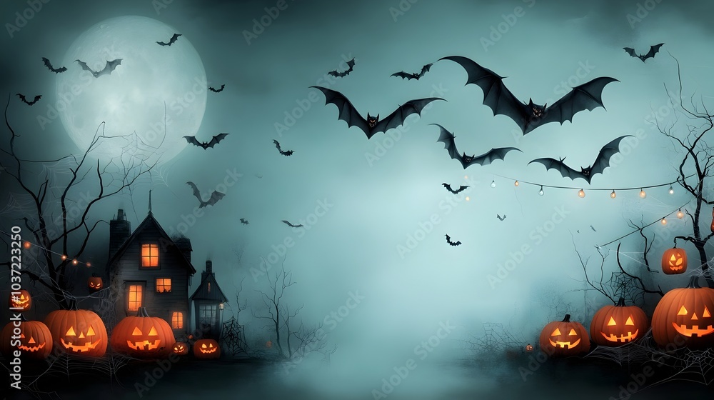 Poster swarms of bats swooping through the night sky above a quaint moonlit town adorned with jack o lanter