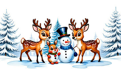Fototapeta premium seamless watercolor winter holiday cartoon animal design featuring baby deer bunnies snowman white background christmas decoration