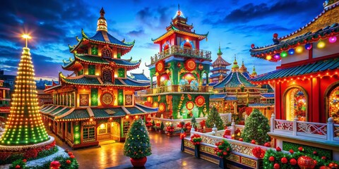 Obraz premium Festive Architectural Celebration with Colorful Symbols on a Vibrant Backdrop
