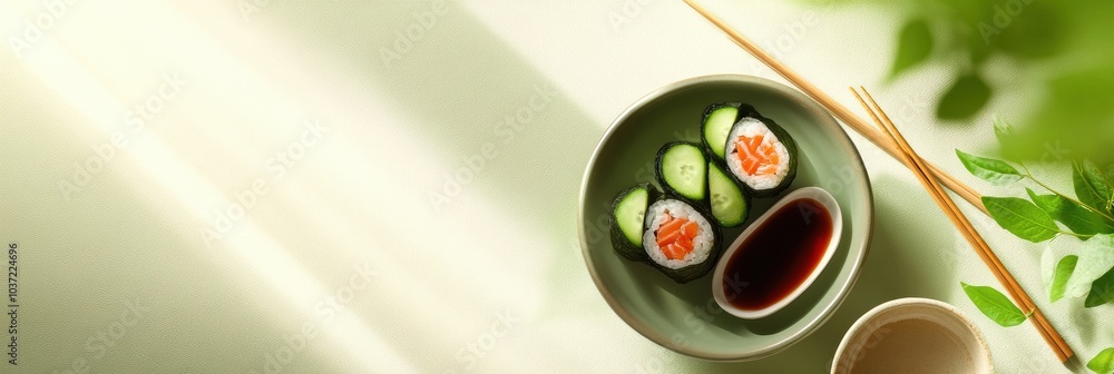 Aufkleber A traditional Japanese sushi roll featuring cucumber is served alongside soy sauce, with chopsticks placed and shadows cast on a colorful backdrop. Generative AI