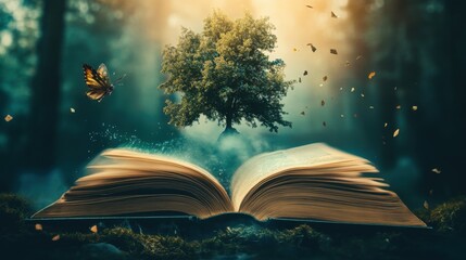 A magical world emerging from an open book, Book theme, Enchanting style