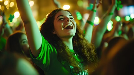 Obraz premium A crowd celebrating St. Patrick's Day, dressed in green and cheering with excitement as they watch the parade, their faces glowing with happiness and festive energy