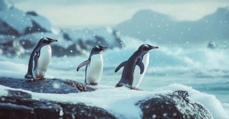Obraz premium Active Penguins in Winter. AI generated illustration.