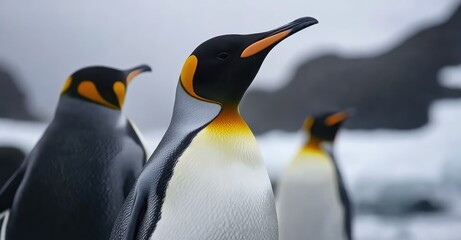 Fototapeta premium Active Penguins in Winter. AI generated illustration.