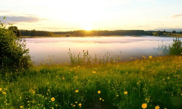 Serene Sunrise Over a Misty Lake Featuring Tranquil Nature and Dew-Covered Wildflowers
