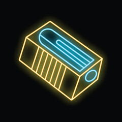 Bright luminous yellow sharpener with blue blade glowing in darkness