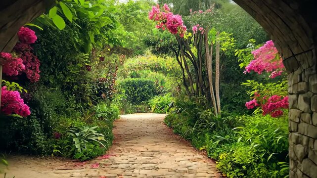 A stone path leads through a lush garden with vibrant pink flowers blooming in the afternoon