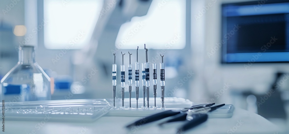 Aufkleber close-up of medical instruments on a white surface in a sterile environment.