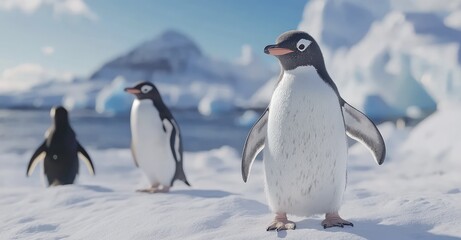Active Penguins in Winter. AI generated illustration.
