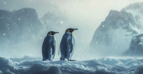 Fototapeta premium Active Penguins in Winter. AI generated illustration.