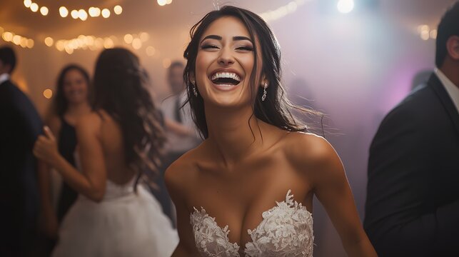 A bride in a chic reception dress, smiling as she dances with her friends on the dance floor, her face glowing with happiness as the music plays