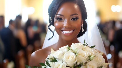 A bride with a radiant smile, holding her bouquet of white roses as she walks down the aisle, her face glowing with excitement and anticipation