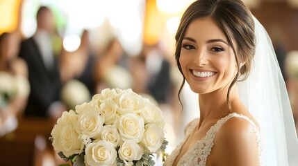 A bride with a radiant smile, holding her bouquet of white roses as she walks down the aisle, her face glowing with excitement and anticipation