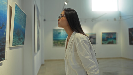 Young, attractive, chinese woman appreciating modern art in a well-lit gallery during an indoor exhibition in china