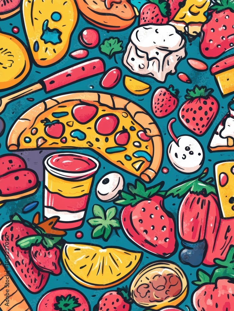 Poster a lively assortment of colorful doodles showcases pizza, ice cream, fruits, and drinks, creating a p